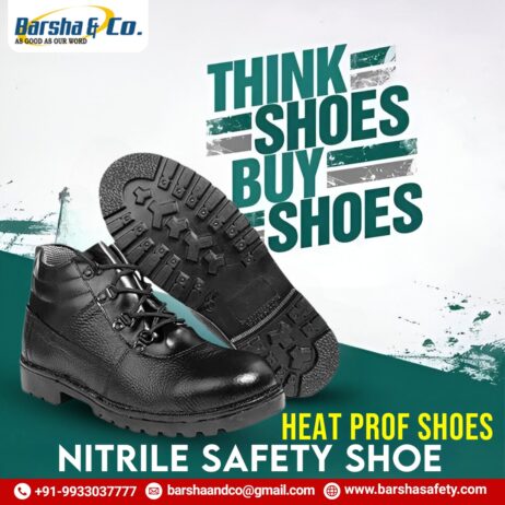 Advertisement for Barsha & Co.'s nitrile safety shoes: "Think Shoes Buy Shoes." Contact us, your local safety shoe dealers near me, at 99330 37777, barshaandco@gmail.com, or visit our website