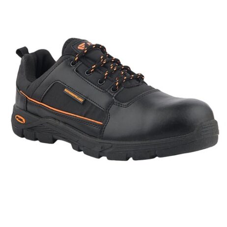 Black work shoe with orange accents, featuring a reinforced toe, thick treaded sole, and lace-up design. Perfect for factory workers seeking robust protection and comfort. Available from your local safety shoe dealers near me or leading safety shoes manufacturers.