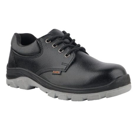 A black leather work shoe with a gray sole, black laces, and a small label with the text "FUEL" on the side, designed by a leading safety shoes manufacturer.