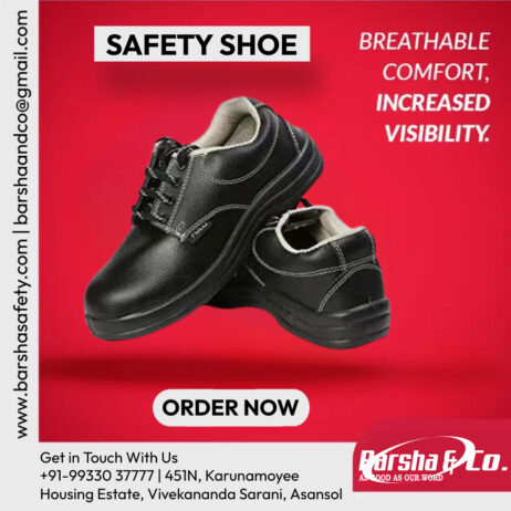 Image of a black industrial safety shoe promoting "Safety Shoe" with benefits like "Breathable Comfort, Increased Visibility." Includes contact details and logos for "Barsha & Co.", your go-to industrial safety shoes shop near me.