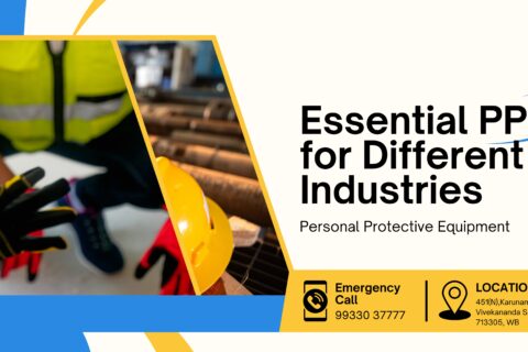 A worker with gloves, safety vest, and safety shoes handling equipment, with the text "Essential PPE for Different Industries" and contact information for emergency and location details.