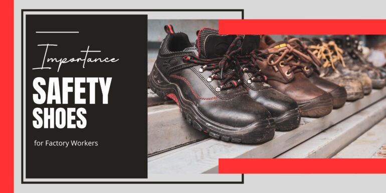 Image of various safety shoes for factory workers displayed on a metal surface, with text highlighting the importance of choosing a reliable safety shoes manufacturer.