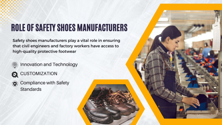 A safety shoes manufacturer advertisement featuring a worker, a list of features, and images of safety shoes, with the headline 'Safety Shoes Are Crucial for Engineers' and bullet points. Promotes safety shoes manufacturers, safety shoes for civil engineers, and safety shoes for factory workers.