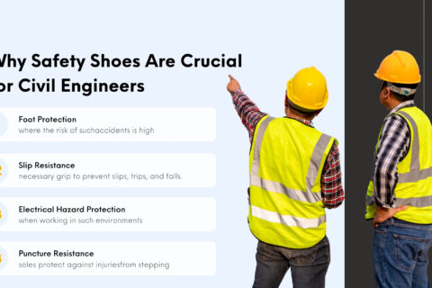 A construction worker in safety gear points to a board titled 'Safety Shoes Are Crucial for Engineers,' highlighting safety shoes manufacturers and the importance of safety shoes for civil engineers and factory workers.