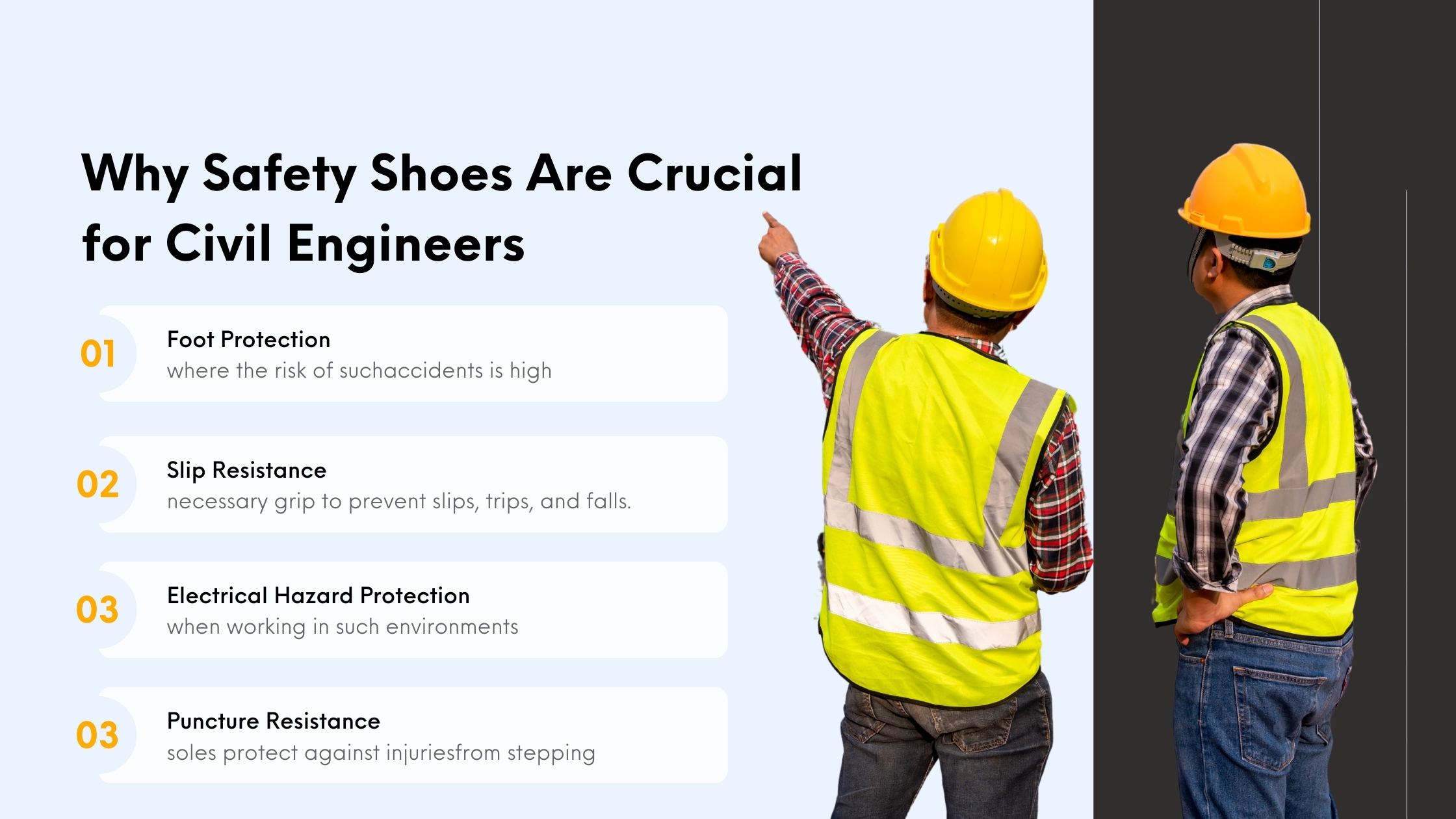 A construction worker in safety gear points to a board titled 'Safety Shoes Are Crucial for Engineers,' highlighting safety shoes manufacturers and the importance of safety shoes for civil engineers and factory workers.