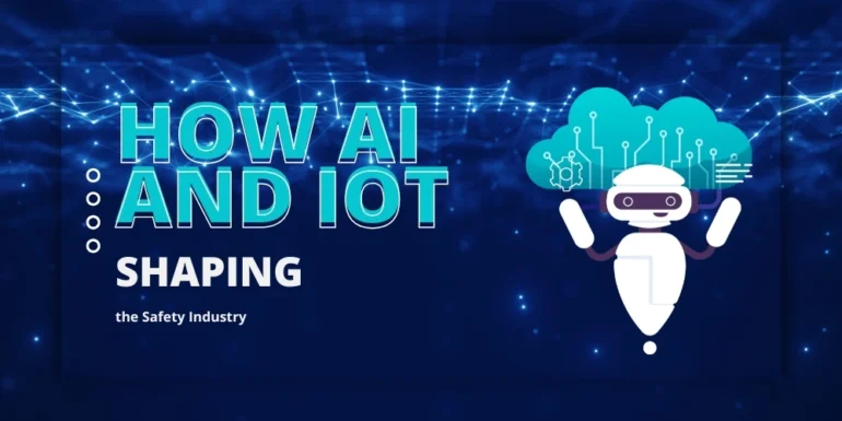 Illustration of a robot and cloud with circuits, labeled How AI and IoT Are Shaping the Industry. Blue background with digital network lines.