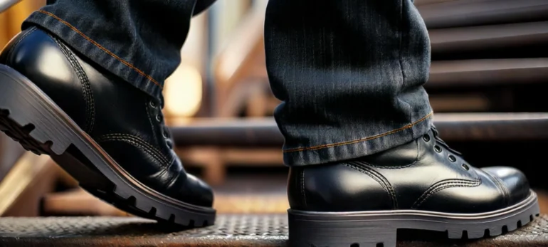 Close-up of a person wearing black leather industrial safety footwear and dark jeans, walking up a metal staircase in a factory setting. The sturdy, textured soles of the safety shoes for factory workers are designed for slip resistance and durability, highlighting essential protective gear for industrial environments