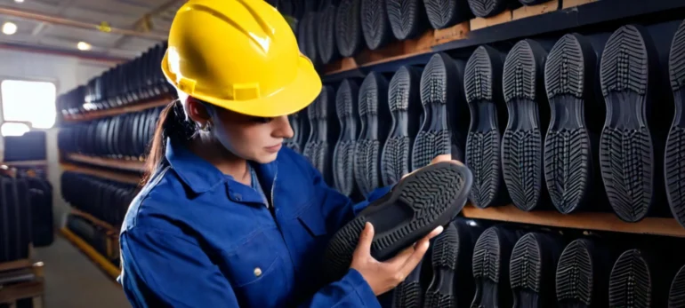 A worker in a yellow hard hat and blue uniform closely inspects a shoe sole in a factory, emphasizing the precision involved in manufacturing industrial safety footwear. Shelves filled with rows of identical rubber soles form the backdrop, showcasing the production process of safety shoes for factory workers. This detailed setting highlights the importance of high-quality safety gear in industrial environments, a scene that could easily inspire unexpected viral videos or memes due to its relatable and dynamic workplace vibe