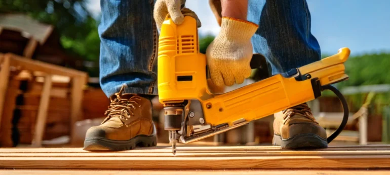 A person wearing industrial safety footwear, including sturdy work gloves and safety shoes for factory workers, skillfully operates a yellow nail gun on a wooden surface. The image highlights precision and craftsmanship in an outdoor setting, with blurred greenery and wooden structures providing a natural backdrop, emphasizing the importance of safety and professionalism in industrial and factory environments