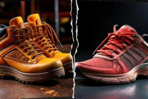 Split image: On the left, a pair of rugged brown industrial safety shoe with thick soles and metal eyelets. On the right, a pair of red athletic Work Shoes with mesh fabric and laces. The background is dark, highlighting the contrast between the safety shoes and Work Shoes.