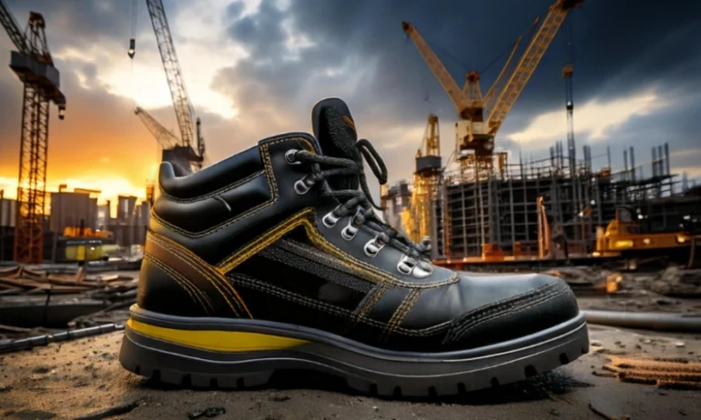 A sturdy black work industrial safety footwear with yellow accents is prominently displayed on a construction site. Tower cranes and building structures are visible in the background against a dramatic sunset sky with dark clouds, highlighting the industrial setting. The ground is scattered with construction materials.