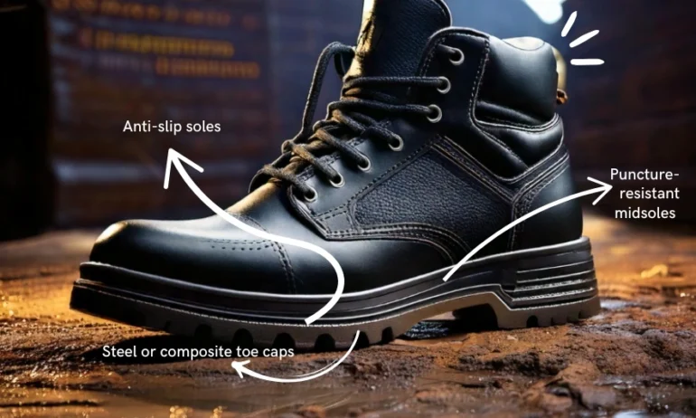 A rugged black work industrial safety shoe on a wooden surface. The boot features anti-slip soles, with annotations pointing to them. Annotations highlight the steel or composite toe caps and puncture-resistant midsoles, emphasizing the boots protective features. Background shows a blurred, industrial setting.